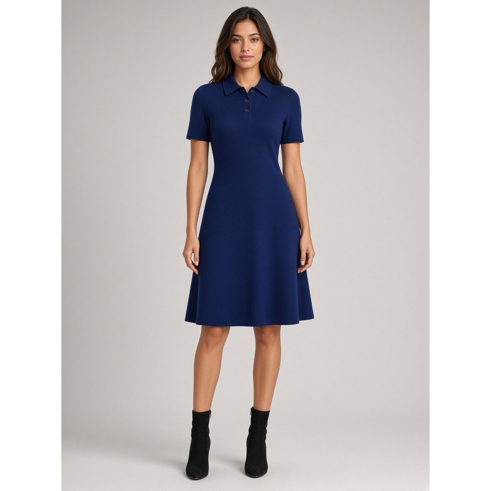 Theory Babydoll Polo Flared Dress in Felted Wool-Cashmere Navy Women Small $595